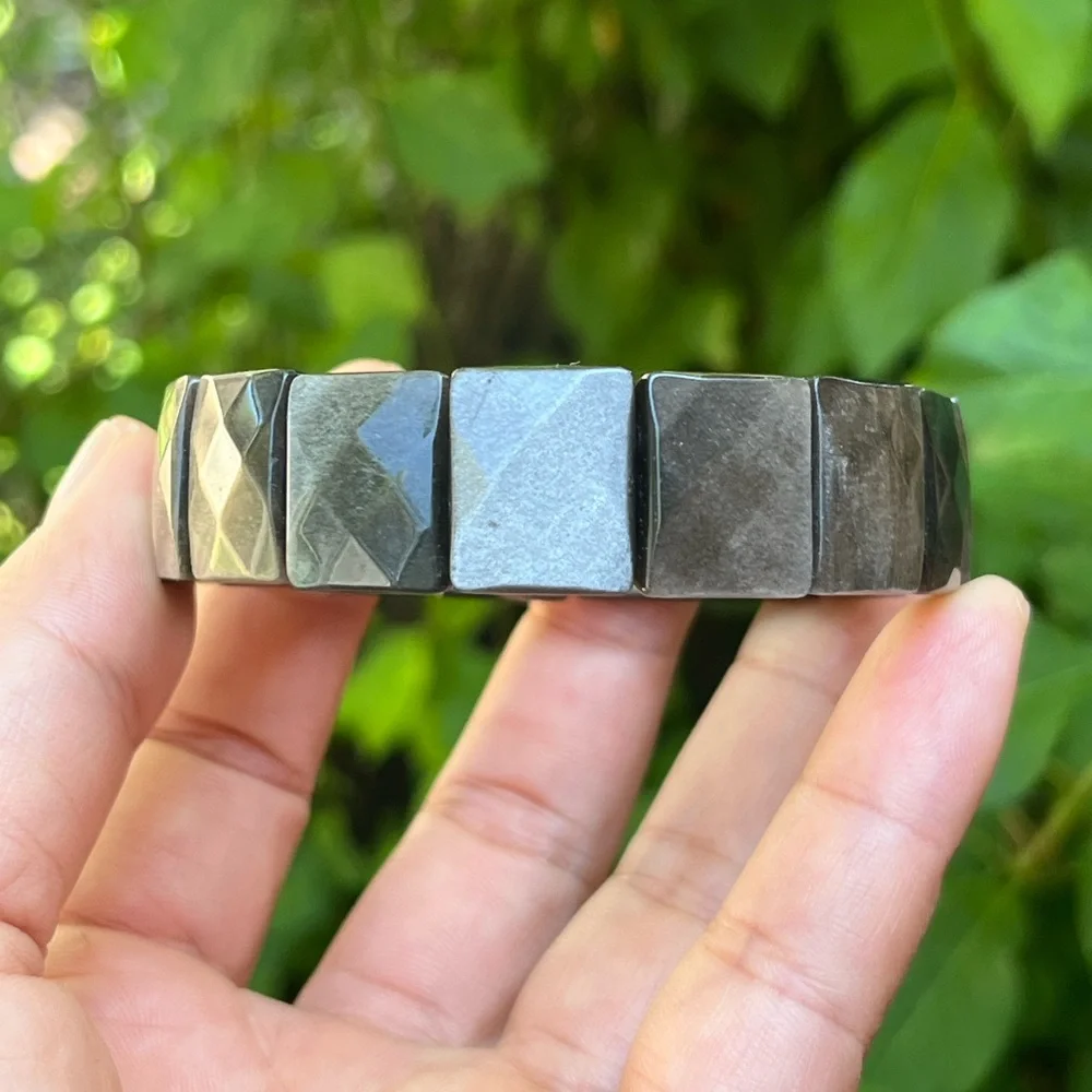 Stretchable‎ faceted silver obsidian soft bangle